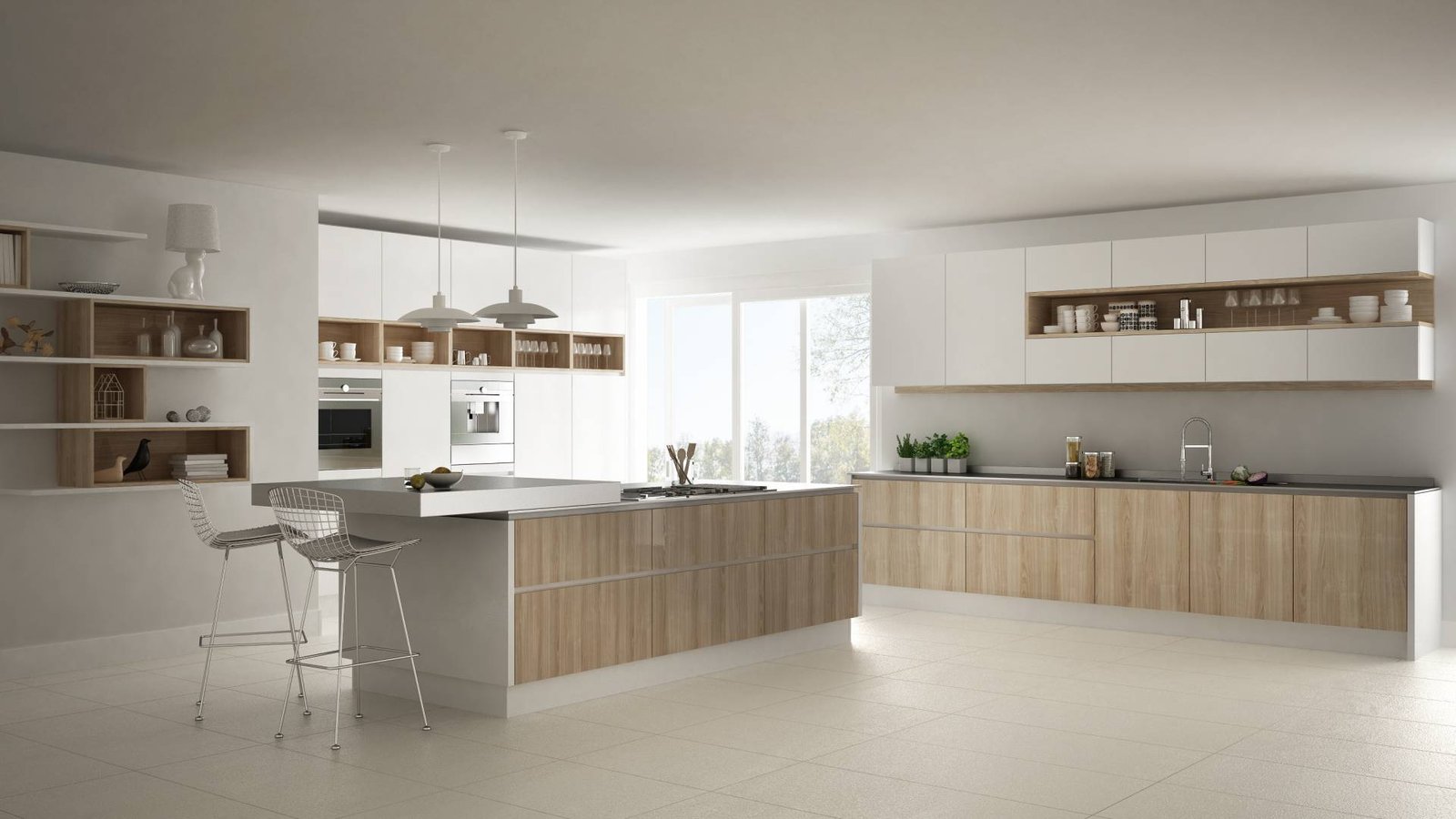 Modern white kitchen with wooden and white details minimalistic interior design, 3d illustration